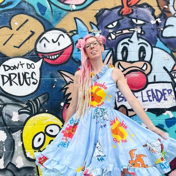 New York Couture *One of a Kind* VINTAGE Digimon Print Ruffle Dress - Picture 7 of 7